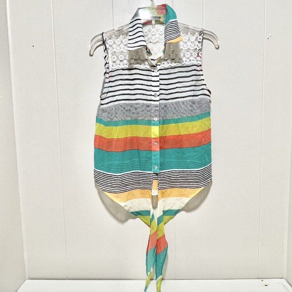 Oh My Julian Sheer Sleeveless Shirt Lace Stripe Colorblock Size Large